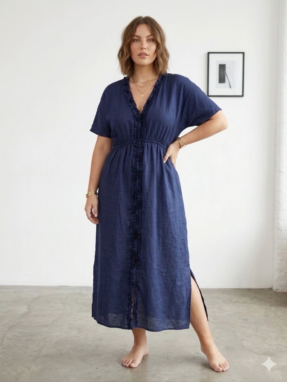 Cupshe Boho Coastal Navy Blue Ruffle Trim Maxi Dress with Side Slits- NWT US L